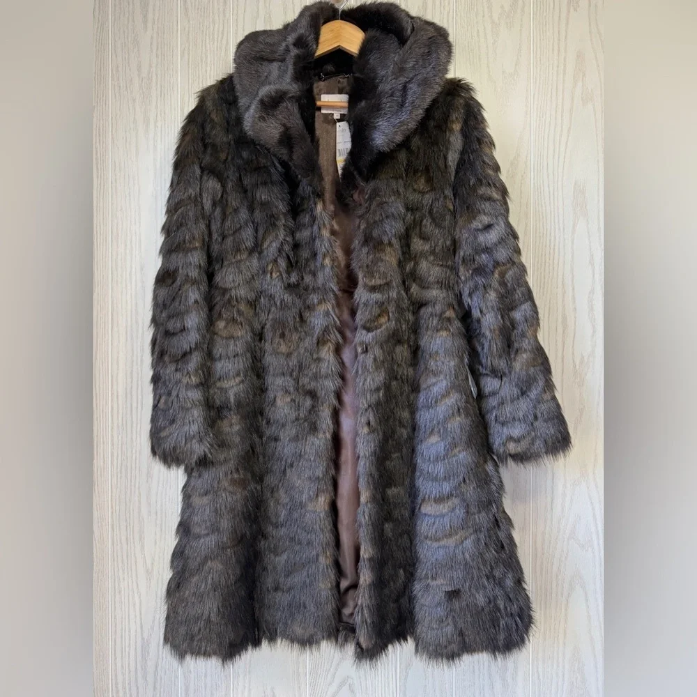 Laundry by Shelli Segal Faux Fur Brown Hooded Winter Coat Size M NWT